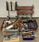 LARGE GROUP OF GARAGE CONTENTS including extending ladder, Black & Decker workmate, tabletop