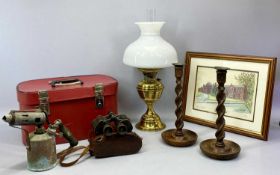 CIRCULAR BRASS OIL LAMP, twin burner with opaque glass shade, 52cms H, brass oil lamp, pair of oak