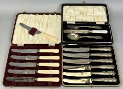 CASED CUTLERY GROUP, to include a hallmarked silver spoon and fork set with non-matching mother-of-