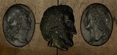 A PAIR OF BRONZE OVAL RELIEF MEDALLIONS classical figure head profiles in walnut frames with