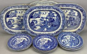 BLUE & WHITE TRANSFER DECORATED WILLOW PATTERN OVAL MEAT PLATES (3), 19th Century, 35.5 x 45cms,