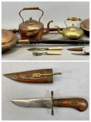 A VICTORIAN CIRCULAR COPPER KETTLE the lid with brass knob finial, 30cms H, two Victorian copper