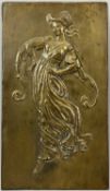 RECTANGULAR CAST BRONZE PLAQUE relief of Elizabethan dancing maiden, monogrammed J L K, 42.5cms x