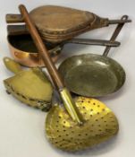 MILK SKIMMER WITH CIRCULAR BRASS PAN & TURNED OAK HANDLE, 19th Century, 54cms long, circular