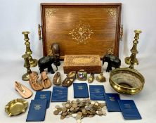 RECTANGULAR OAK TWO-HANDLED TEA TRAY with moulded rim and painted detail to the corners, 58 x 41cms,