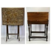 MAHOGANY SEWING BOX ON STAND, with lift up lid over long drawer, with brass drop side handles, the