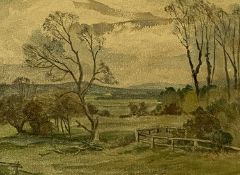 MICHAEL BROCKWAY (b. 1919) watercolour - extensive landscape with mountains beyond, signed lower