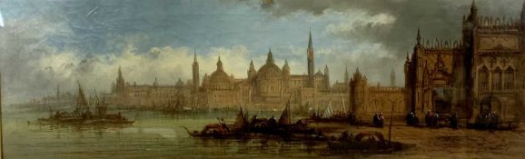 19TH CENTURY VENETIAN SCHOOL oil on canvas - Venetian scene with gondolas and figures to foreground,