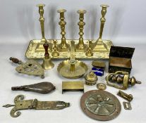 LEATHER SHOT FLASK, 19th Century, with steel dispenser and suspension ring, 20cms long, brass