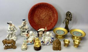 CINNABAR STYLE COMPOSITE CIRCULAR SHALLOW PLATE, 6cms H x 34cms diam., gilded brass figure of a