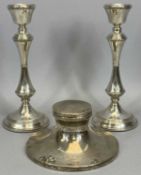 LOADED SILVER CANDLESTICKS A PAIR & A CAPSTAN SHAPE SILVER INKWELL, Birmingham hallmarks, 1981 maker