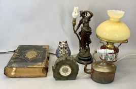 SPELTER FIGURAL TABLE LAMP MODELLED AS FEMALE, 42cms H, oval copper kettle with opaque glass handle,