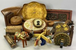 CIRCULAR WALNUT FOOTSTOOL with woolwork seat, 29cms diam., painted wood and leather bellows,