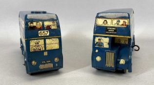 BRIMTOY TINPLATE CLOCKWORK DOUBLE DECKER BUSES x 2, finished in blue, 20cms long