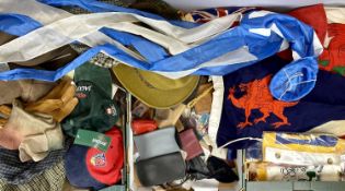 VARIOUS FLAGS, including Ddraig Goch, Union Jack and others, leather items including wallets and