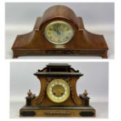 EDWARDIAN WALNUT & EBONISED MANTEL CLOCK with applied carved decoration, circular dial with Arabic