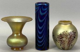 RICHARD P GOLDING FOR OKRA: STUDIO GLASS CYLINDRICAL VASE, iridescent blue wave design, marked RPG
