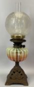 VICTORIAN OIL LAMP with pierced cast metal base, circular vaseline glass reservoir, Duplex twin