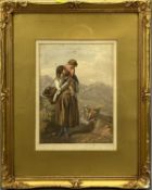 ENGLISH SCHOOL watercolour - mother and child returned from the fields, 27 x 20cms, pencil drawing -