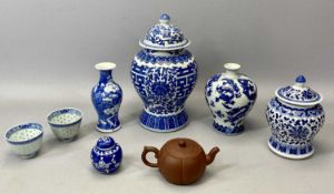 CHINESE BLUE & WHITE LIDDED VASE, 20th Century, of baluster form, 27cms H, similar lidded vase,