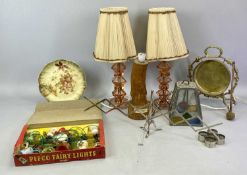 ART DECO TABLE LAMPS, A PAIR, with blush pink resin geometric shaped columns, pleated fabric shades,