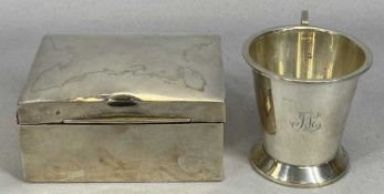 SILVER CHRISTENING TANKARD & A RECTANGULAR CIGARETTE BOX, Birmingham hallmarks, the tankard date