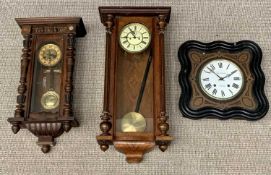 ANTIQUE WALL CLOCKS x 3 - SPARES OR REPAIR, including a walnut cased Vienna having a cream dial