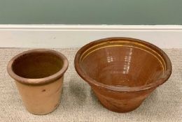 TWO BUCKLEY-TYPE SLIPWARE CROCKS, 25cms H, 46cms top diam. (the larger), 25cms H, 28cms top diam. (