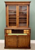 VICTORIAN MAHOGANY SECRETAIRE BOOKCASE, twin upper doors with six individually glazed panels and
