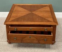 OVER SIZED REPRODUCTION MAHOGANY STAINED COFFEE TABLE, with slide out shelf and storage, labelled '