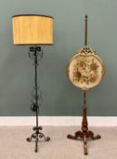 GEORGIAN BRASS, GILTWOOD & WALNUT BASED POLE SCREEN & A WROUGHT IRON STANDARD LAMP, the pole