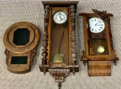 ANTIQUE WALL CLOCKS x 2 & A DROP DIAL WALL CLOCK CASE, spares or repair, various measurements