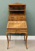 LATE 19TH / EARLY 20TH CENTURY FIGURED WALNUT BONHEUR DU JOUR, having a shaped top rail and mirrored