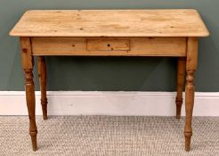 VICTORIAN STRIPPED PINE SINGLE DRAWER HALL TABLE on turned tapering supports, 74cms H, 105cms W,