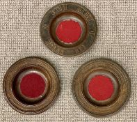 THREE CIRCULAR TURNED OAK CHURCH COLLECTION PLATES, one having carved detail 'Give Alms of Thy