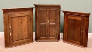 THREE ANTIQUE OAK / MAHOGANY WALL HANGING CORNER CUPBOARDS, 2 x single door and 1 x twin door, all