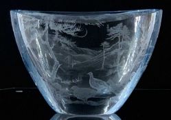 FRENCH PALE BLUE STUDIO GLASS BOWL, of oval form, etched decoration to the interior and exterior,