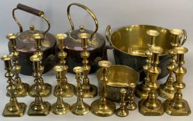 VICTORIAN CIRCULAR COPPER KETTLES x 2, 30cms H, a heavy circular brass two-handled jam pan 30.5cms