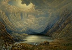 19TH CENTURY BRITISH SCHOOL watercolour - extensive mountainous lake landscape with white birds in