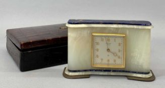 ASPREY OF LONDON FINE QUALITY ALABASTER & BLUE MARBLE MANTEL CLOCK, square silvered dial, signed '
