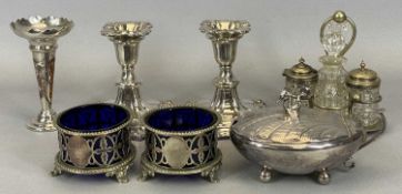 EPNS TABLEWARE, to include a pair of circular salts with pierced side details on three feet with