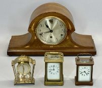 ART NOUVEAU INLAID MAHOGANY DOMED TOP MANTEL CLOCK, circular silvered dial with Arabic numerals,