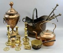 VICTORIAN CIRCULAR COPPER KETTLE WITH SHAPED HANDLE, 32cms H, pair of brass candlesticks, 25cms H,