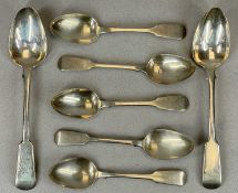 SEVEN VARIOUS FIDDLE PATTERN GEORGIAN/WILLIAM IV SILVER SPOONS, LONDON HALLMARKS, including a pair