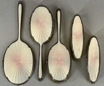 FIVE-PIECE SILVER WITH PINK & WHITE GUILLOCHE ENAMEL DRESSING TABLE SET, BIRMINGHAM 1945, ALBERT