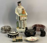 STAFFORDSHIRE FIGURE OF AN ORGAN GRINDER WITH HIS MONKEY, circa 1850, well coloured, 38cms H,