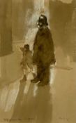 HAROLD RILEY mixed media - policeman and boy, titled 'The Policeman Salford', signed lower right, 33