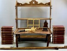 OAK THREE-TIER OPEN BOOKSHELVES, 73cms H, 67cms W, 22cms D, folding wooden bedtray, vintage bamboo