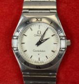 LADY'S OMEGA CONSTELLATION STAINLESS STEEL BRACELET WRISTWATCH, hatched detail dial set with baton