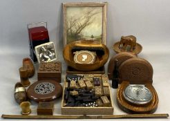 ANEROID BAROMETER ON OAK HORSESHOE DESIGN MOUNT, pair of Eastern carved teak folding bookends,